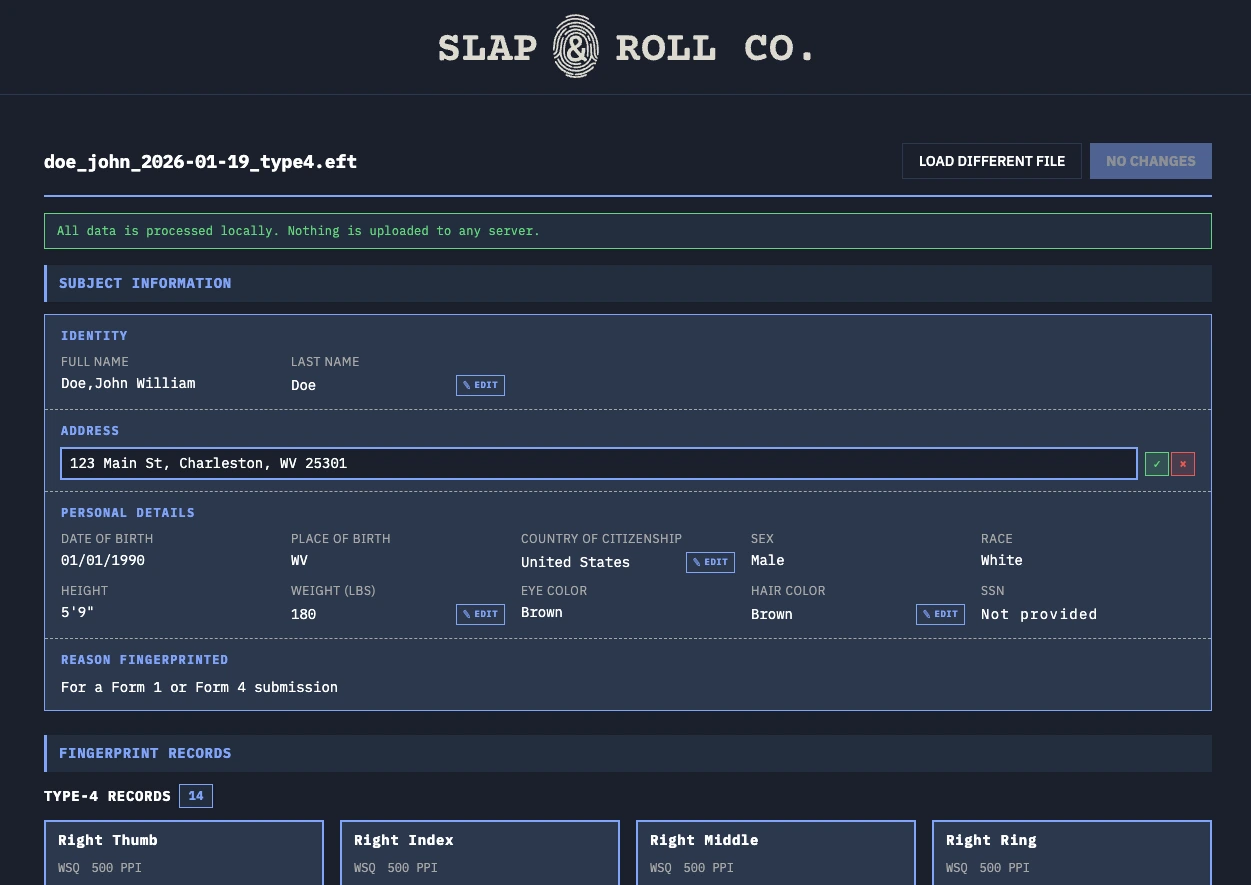 Free EFT Editor interface showing decoded fingerprint data and editable biographic fields